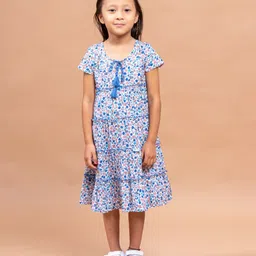 Sangria Girls Blue Floral Printed Tiered Pure Cotton A-line Midi Dress-image-1