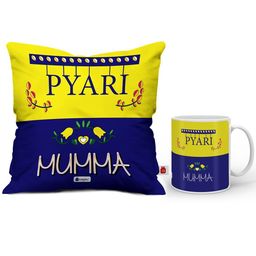 Indigifts Yellow & Blue Printed Square Cushions With Fillers & Ceramic Mug-image-95