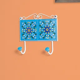 Golden Peacock Blue Printed 2 Hooks Traditional Pottery Art Ceramic Wall Hooks-image-93