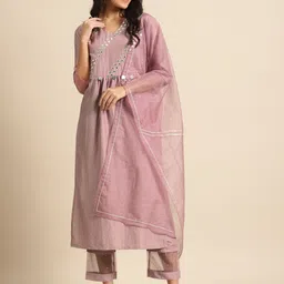 Varanga Women Mauve & Silver Embroidered Mirror Work Kurta with Trousers & Dupatta-image-86