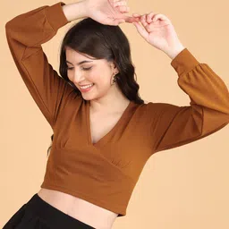Popwings Rust V Neck Full Sleeve Crop Wrap Top-image-17