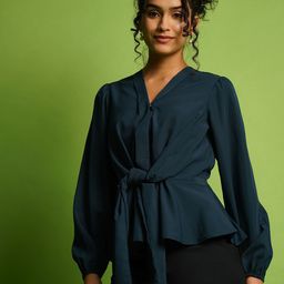 Globus Solid V-Neck Tie-Up Detail Peplum Top-image-20