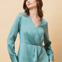 Globus Long Cuffed Sleeves V Neck Wrap Party Top-picture-45