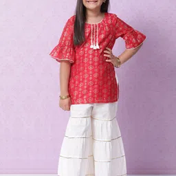 Biba Girls Red & Off-White Ethnic Motifs Printed Kurta with Sharara-picture-55