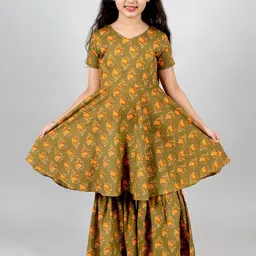INCLUD Girls Floral Printed Pure Cotton Anarkali Kurta With Sharara-picture-46