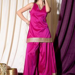 indo street Embroidered Notch Neck Straight Kurti With Sharara-34
