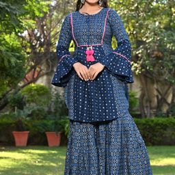 PUKHYA Ethnic Motifs Printed Tie-Up Neck Gotta Patti Detailed A-Line Kurta With Sharara-image-12