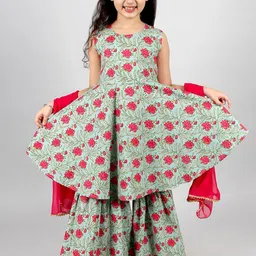 INCLUD Girls Floral Printed Pure Cotton Anarkali Kurta With Sharara & Dupatta-picture-27