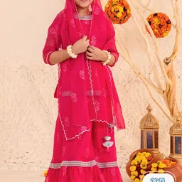 pspeaches Girls Floral Printed Thread Work Regular Kurta with Sharara & With Dupatta-picture-17