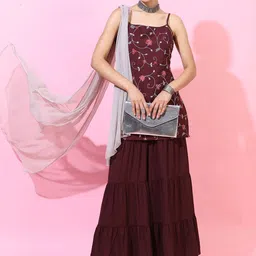 Vishudh Women Maroon Floral Embroidered Kurti with Sharara & With Dupatta-picture-34