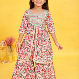Maaikid Girls Pink Floral Printed Regular Pure Cotton Kurta with Sharara-image-40