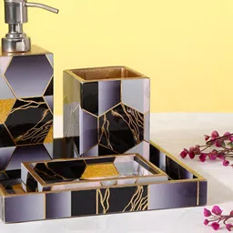 THE HOME CO. Black & Grey 4 Pieces Abstract Printed Wooden Bath Accessories Set-21