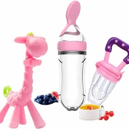 90ML Newborn Baby Feeding Bottle Toddler Safe Silicone Squeeze Feeding Spoon Milk Cereal Bottle Baby Training Feeder Fruit Nibbler and Teether (Spoon Feeder / Fruit Nibbler and Zebra Teether) (pack of 3 ) Teether and Feeder-20