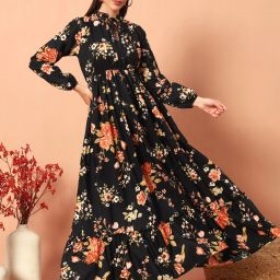 Women Fit and Flare Black, Orange Maxi/Full Length Dress-image-67