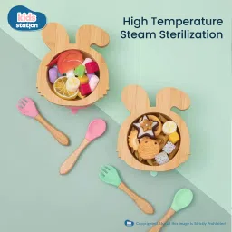 kids station Bamboo Rabbit Suction Bowl with Feeding Spoon and Fork - Bamboo, Silicone image 3