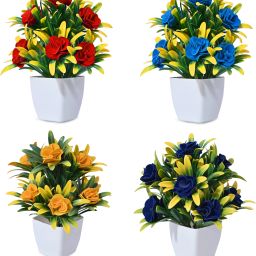 Set of 4 Rose Flower For Decoration Table Office table Bonsai Wild Artificial Plant with Pot-3