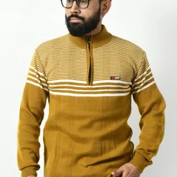 Men Striped Round Neck Yellow Sweater-image-28
