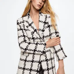 MANGO Women Black & Off White Checked Tweed Sustainable Overcoat-image-29