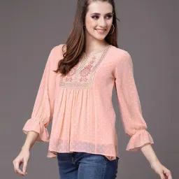 Casual Cuffed Sleeves Embroidered, Embellished Women Orange Top-image-56
