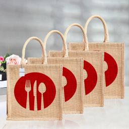Jute Red Spoon Fork Grocery Bag|Zipper Shopping Bag with Handle|Pack of 4|Brown Pack of 4 Grocery Bags-image-55