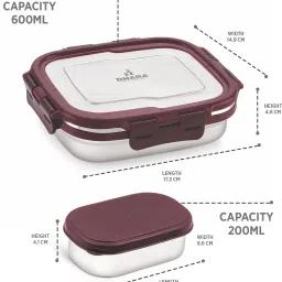 dhara stainless steel Blaze Airtight Leak Proof Tiffin Box with Mini Container Inside Maroon 2 Containers Lunch Box image 2