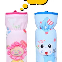 Soft Plush Stretchable Baby Feeding Bottle Cover/Tote Bag/Sleeve with Easy to Hold Strap | Cute Animated Overall Print Pack of 2 (Pink & Blue, Narrow Neck 240ml/8OZ)-image-98