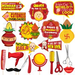 Red & Yellow Theme Mundan Ceremony Decorations Photo Booth Props (Pack of 19) Photo Booth Board-4
