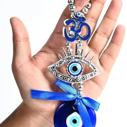 Evil Eye Metal Om Design with Blue Pendant – Lucky Hanging Brass, Ceramic Windchime-image-7