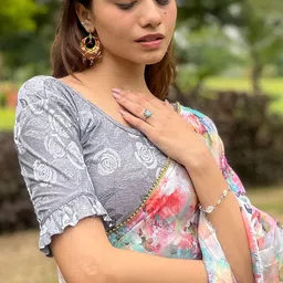 Bindigasm's Advi Floral Self Design Beads And Stones Jacquard & Lycra Saree Blouse-image-71