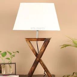 BTR CRAFTS White & Brown Frustum Shaped Wooden Table Lamp with Adjustable Cord-57
