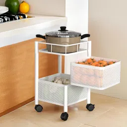 2-Tier Revolving Multipurpose Storage Rack with Wheels | White Iron Fruit & Vegetable Basket-51
