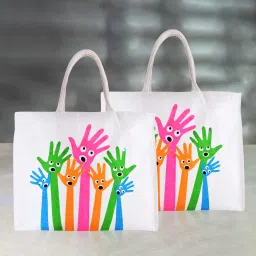 Canvas Hands-Design Shopping Bag with Handle|Vegetable Bag|Large|Pack of 2|White Pack of 2 Grocery Bags-image-32