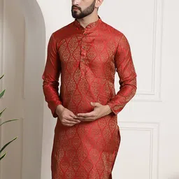 Sojanya Men Red & Golden Ethnic Motifs Jacquard Kurta-30