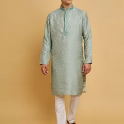 SWAGG INDIA Mandarin Collar Woven Design Thread Work Jacquard Cotton Wool Kurta-picture-50