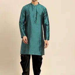 Amodh by Kisah Men Mandarin Collar Thread Work Jacquard Cotton Kurta-image-41