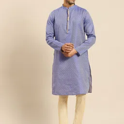 Amodh by Kisah Men Blue Geometric Thread Work Jacquard Kurta-picture-38