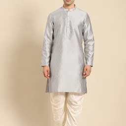 Amodh by Kisah Men Grey Geometric Thread Work Jacquard Kurta-picture-56