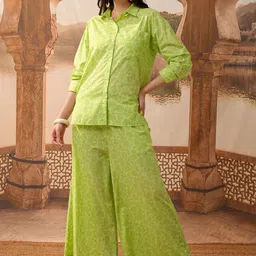 Vishudh Green Floral Printed Spread Collar Pure Cotton Casual Shirt And Palazzos-picture-47