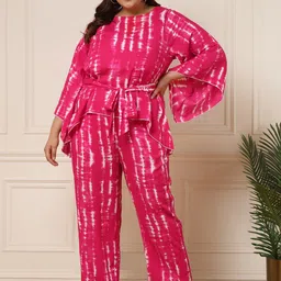 DEEBACO Plus Size Tie & Dye Printed Top With Trouser-image-21