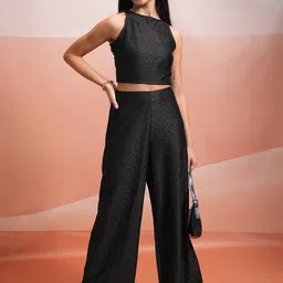 Tokyo Talkies Black Self Design Sleeveless Crochet Crop Top With Trouser Co-Ords-picture-49