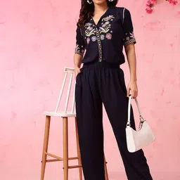 Anouk Navy Blue Embroidered Top With Trousers Co-Ords-image-75