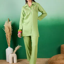 Sangria Green Floral Embroidered Shirt & Trousers Co-Ords-image-57