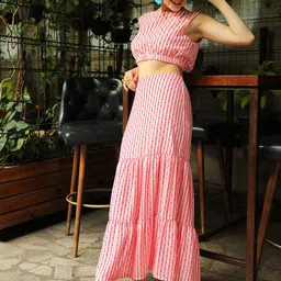 PINACOLADA Pom-Pom Striped Round Neck Sleeveless Crop Top With Tiered Skirt-3