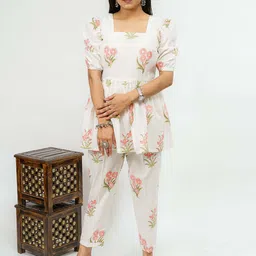 TSUCCHI TRADITIONS Floral Printed Pure Cotton Vibrant Orchard Sanganeri Co-ord Set-image-13