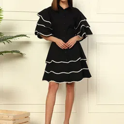 DEEBACO Pure Cotton Ruffles & Flounces Shirt Style Top With Skirt-42