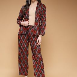 Indibelle Printed Shawl Neck Coat With Trousers Co-Ords-picture-24