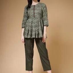 Indibelle Ethnic Motifs Printed Pure Cotton Tunic With Trousers-image-65