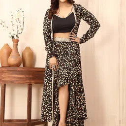 TWAM SUNDARA Printed Halter Neck Top With Flared Skirt & Jacket-image-17