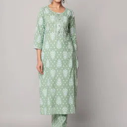 God Bless Women Green Floral Printed Gotta Patti Pure Cotton Kurta with Trousers-21