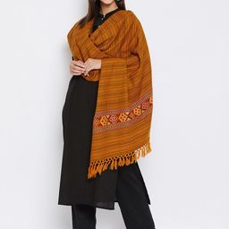 VERO AMORE Women Mustard Orange & Black Striped Woollen Jacquard Shawl-28